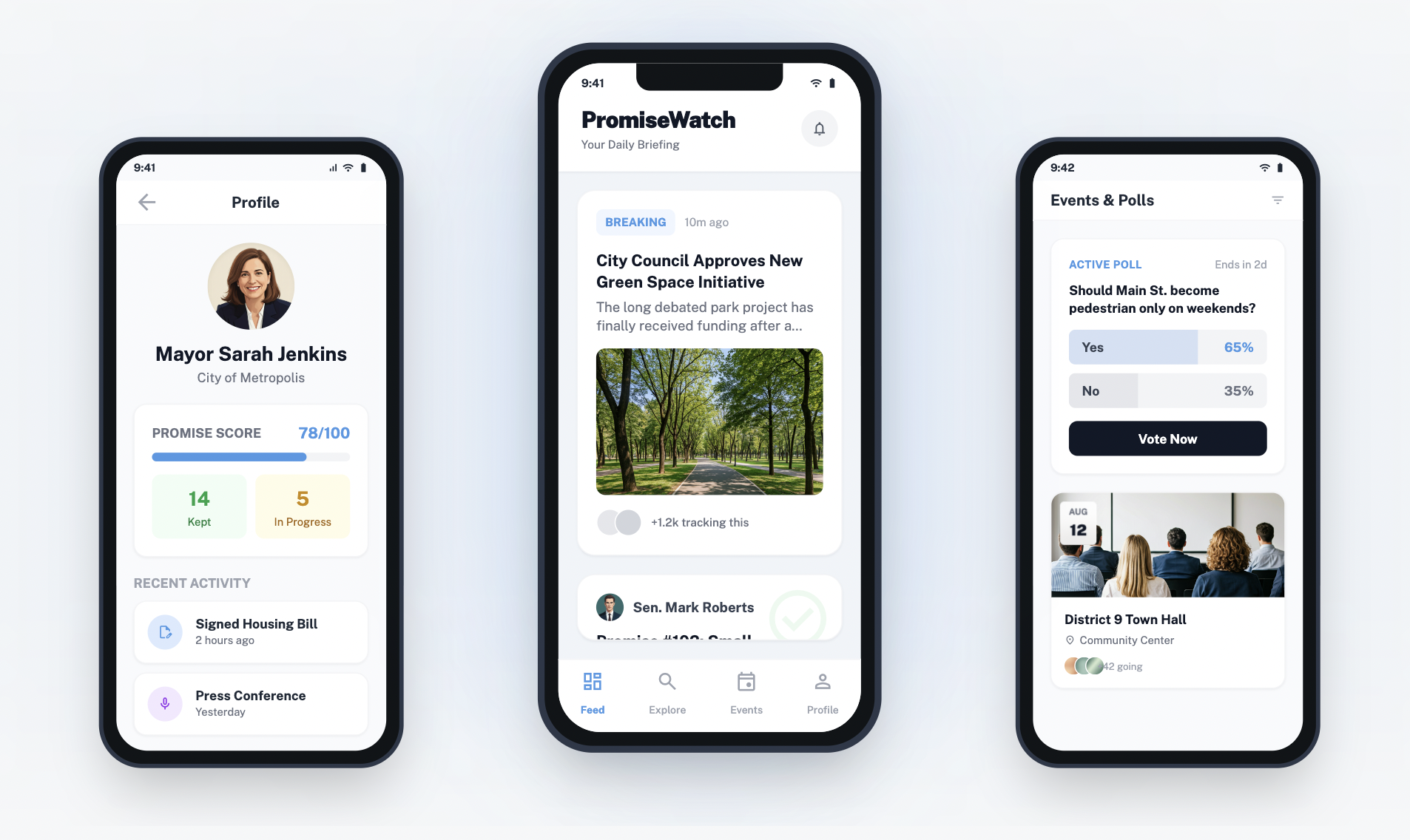 PromiseWatch App Screens showing Profile, Briefing, and Polls